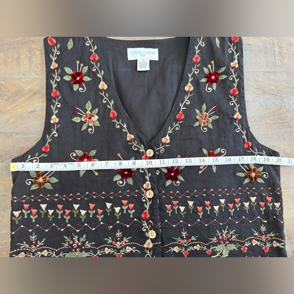 100 % Cotton Vintage Casual Corner Black Floral Embroidered Women's Vest - Picture 5 of 7